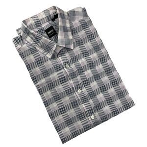 Hugo Boss Mens Tattersall Plaid Long Sleeve Button Up Cotton White Black Blush-L